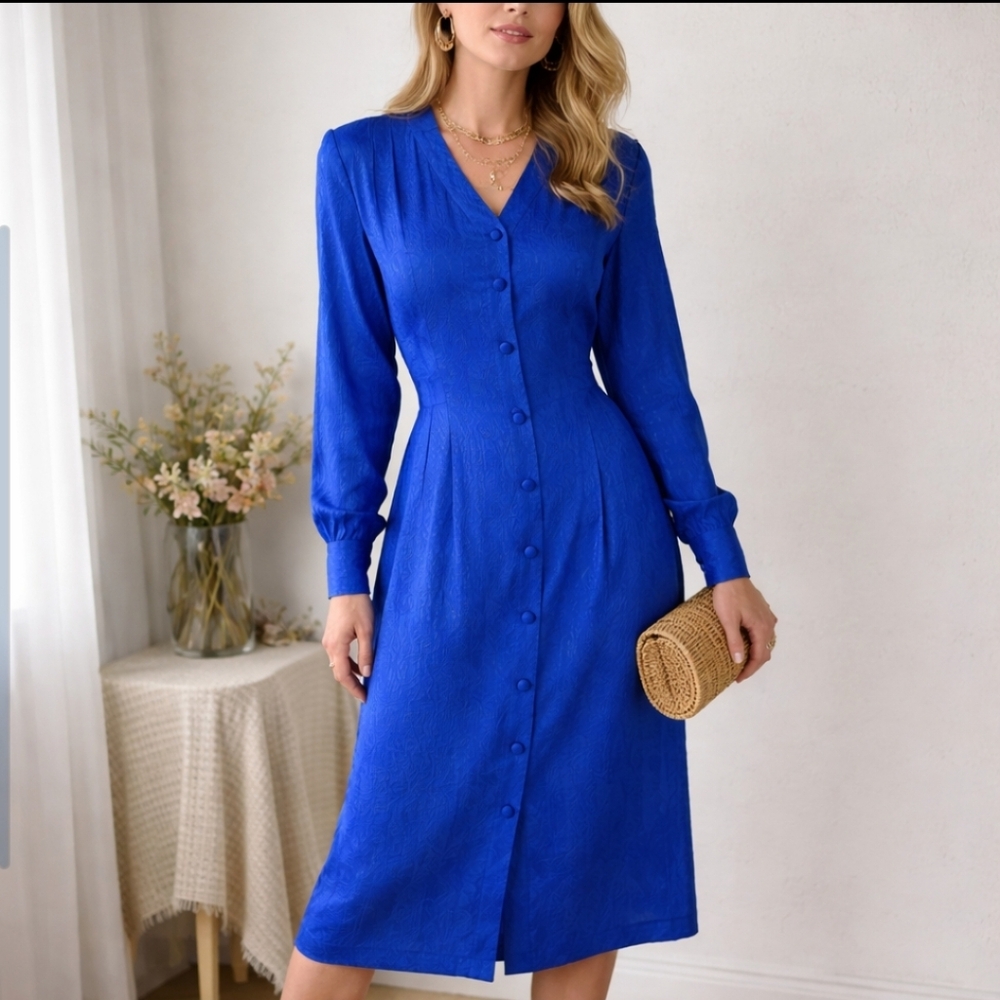Papell Too 100% Silk Button Front Midi Dress Size 14 Royal Blue Paisley Modest